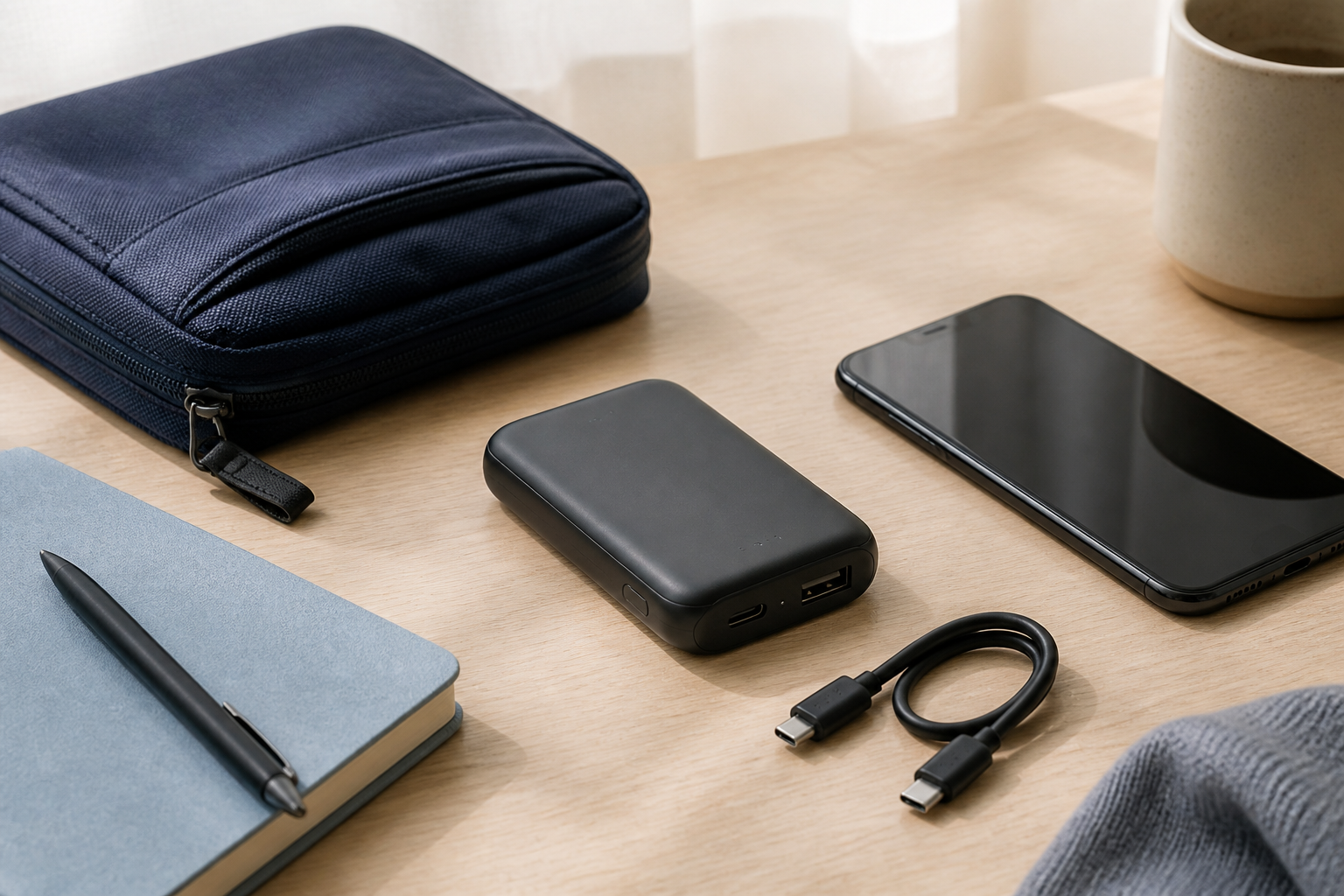 行動電源、USB-C 線與隨身收納包，作為出門前檢查充電需求的情境示意圖