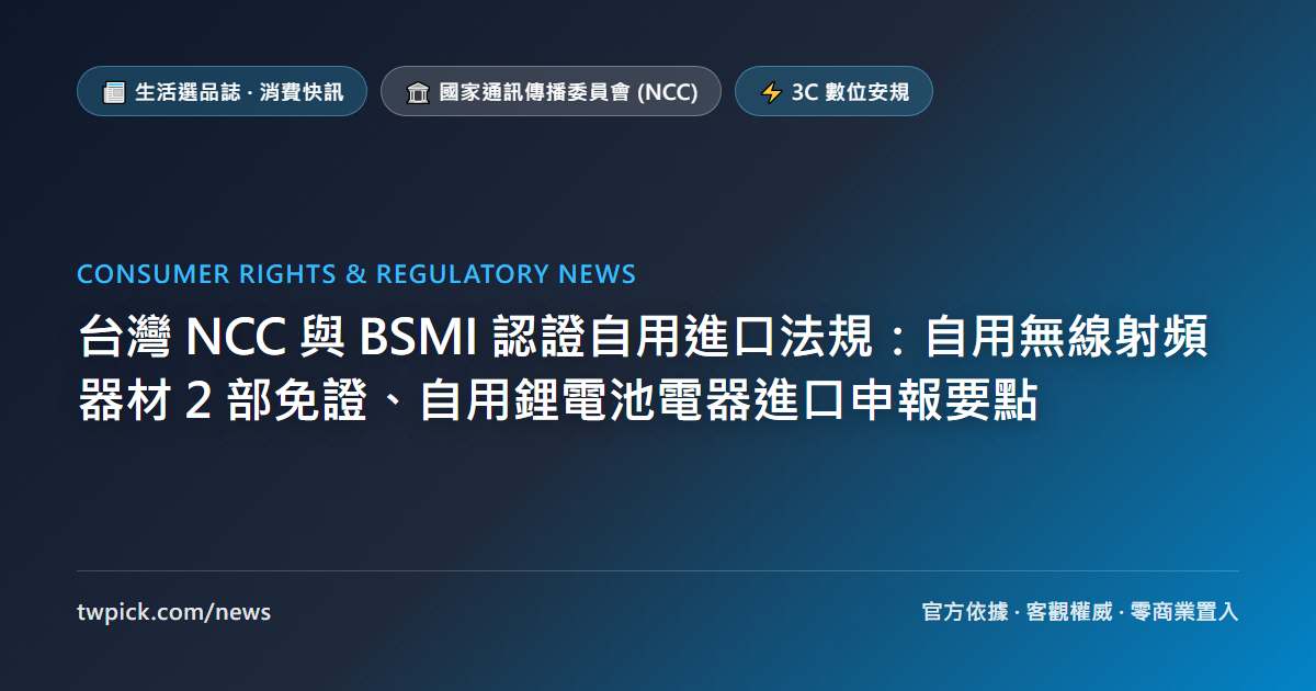 台灣 NCC 與 BSMI 認證自用進口法規：自用無線射頻器材 2 部免證、自用鋰電池電器進口申報要點