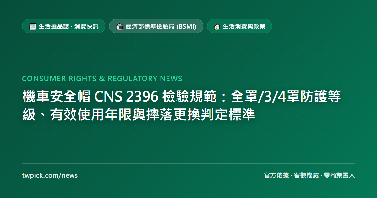 機車安全帽 CNS 2396 檢驗規範:全罩/3/4罩防護等級、有效使用年限與摔落更換判定標準